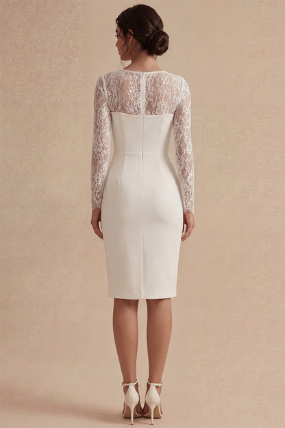 Midi Bodycon Long Sleeves Floral White Wedding Dress with Lace