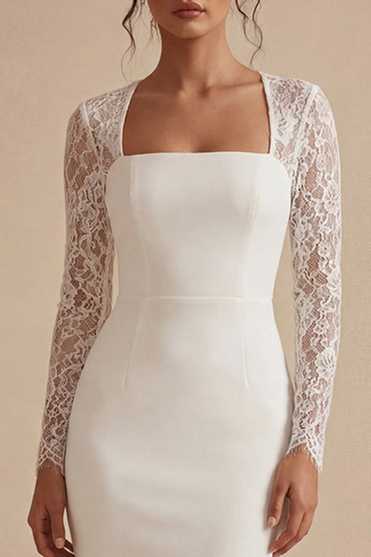 Midi Bodycon Long Sleeves Floral White Wedding Dress with Lace