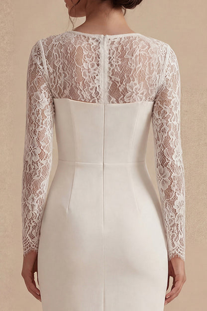 Midi Bodycon Long Sleeves Floral White Wedding Dress with Lace