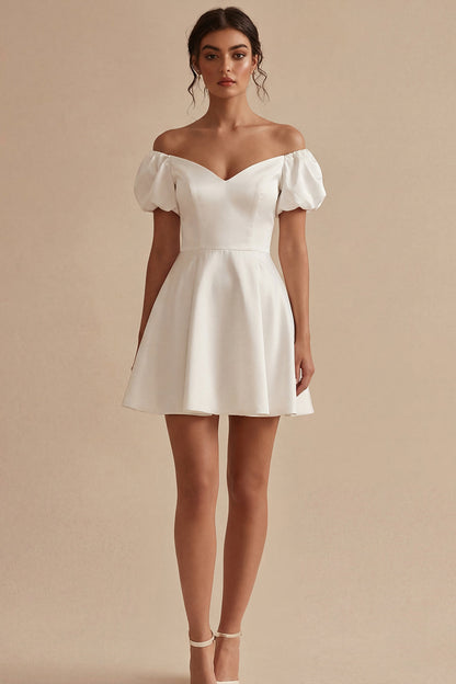 Puff Sleeves Off the Shoulder Short White A Line Beach Wedding Dress