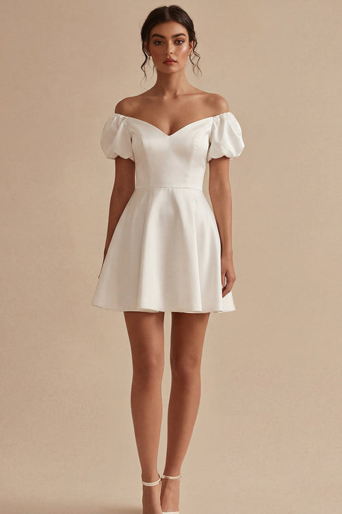 Puff Sleeves Off the Shoulder Short White A Line Beach Wedding Dress