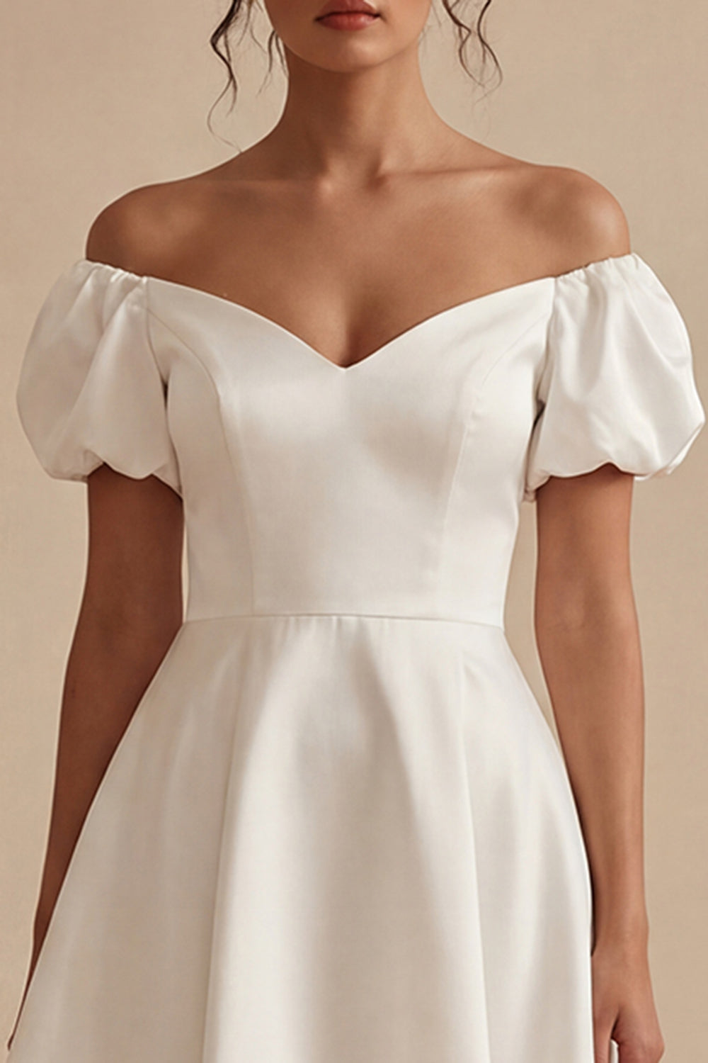 Puff Sleeves Off the Shoulder Short White A Line Beach Wedding Dress