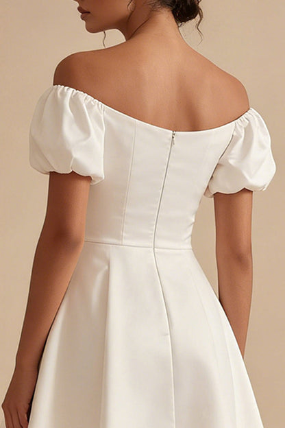 Puff Sleeves Off the Shoulder Short White A Line Beach Wedding Dress