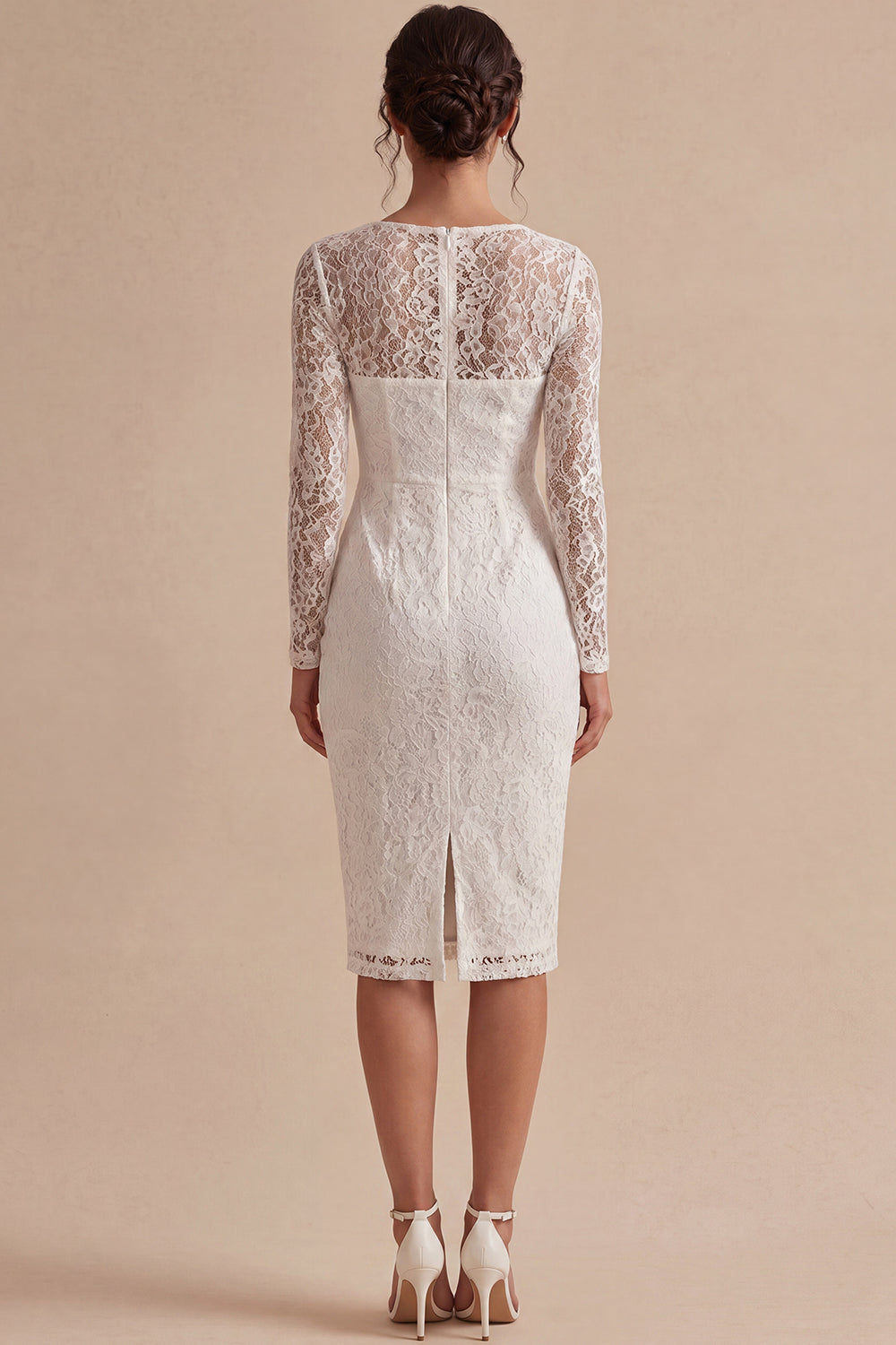 Midi Bodycon Lace Long Sleeves Floral White Boho Wedding Dress