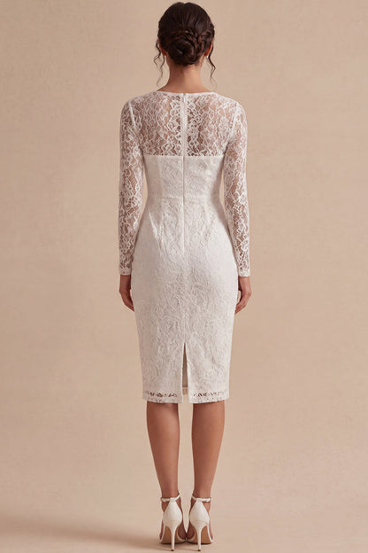 Midi Bodycon Lace Long Sleeves Floral White Boho Wedding Dress