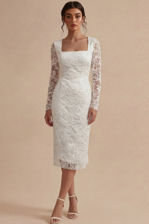 Lace Long Sleeves Floral Midi Bodycon White Boho Wedding Dress