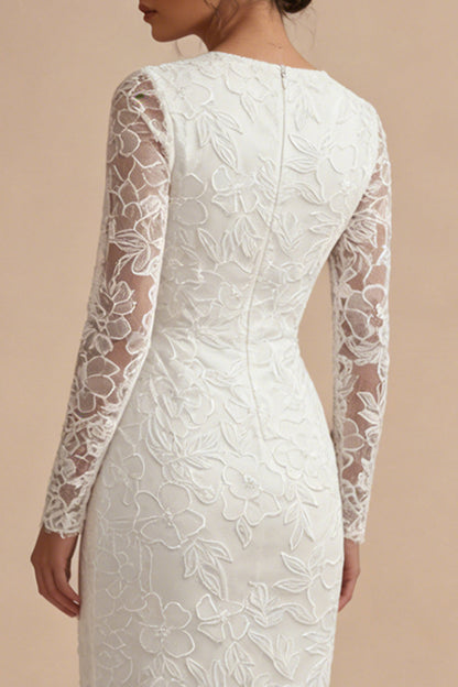 Lace Long Sleeves Floral Midi Bodycon White Boho Wedding Dress