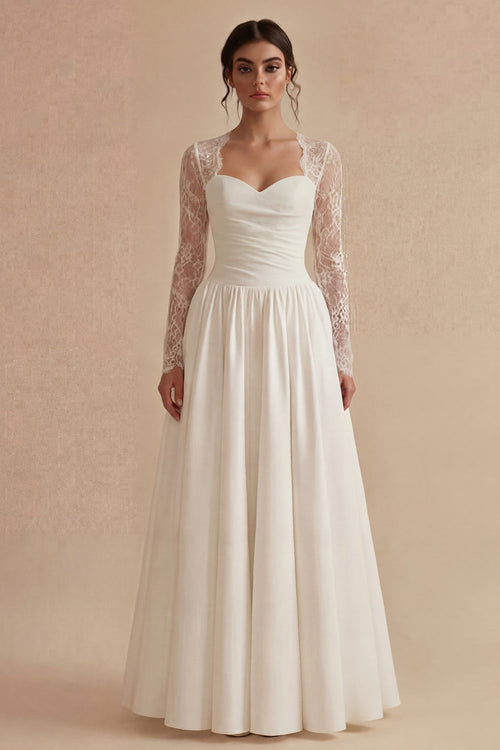 White Maxi Long Sleeves Floral A Line Boho Wedding Dress with Lace