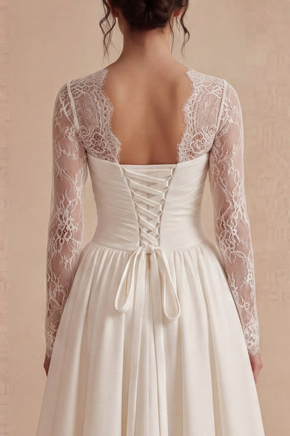 White Maxi Long Sleeves Floral A Line Boho Wedding Dress with Lace