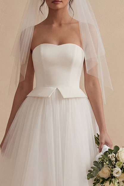 Maxi A Line Strapless White Boho Wedding Dress