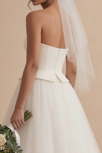 Maxi A Line Strapless White Boho Wedding Dress