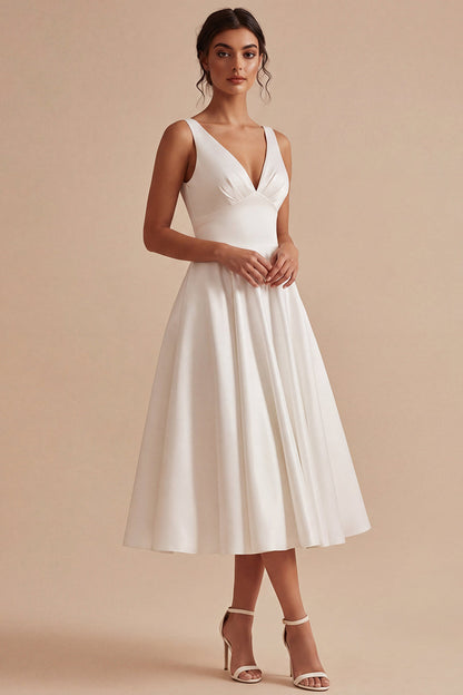 Simple Maxi A Line V-Neck White Wedding Dress