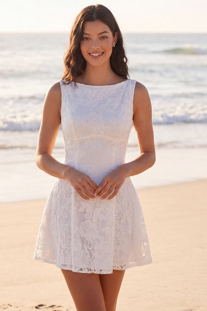 Boat Neck A Line Floral Lace Short Ivory Boho Wedding Dress