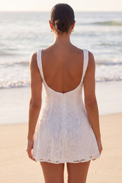 Boat Neck A Line Floral Lace Short Ivory Boho Wedding Dress