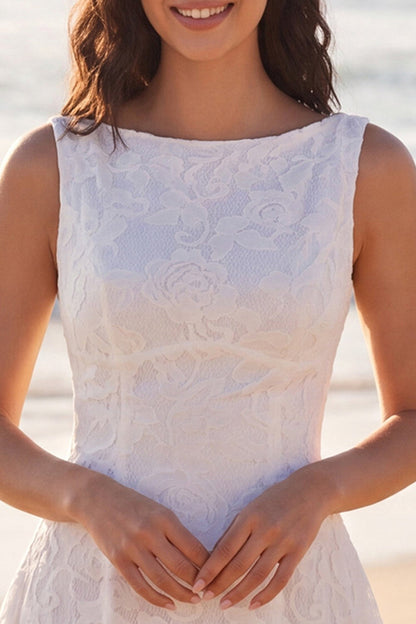 Boat Neck A Line Floral Lace Short Ivory Boho Wedding Dress