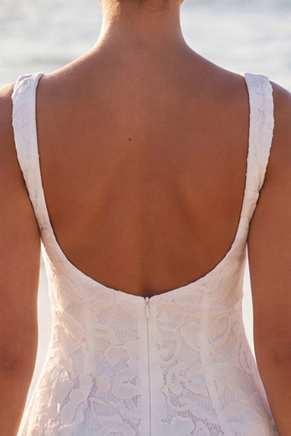 Boat Neck A Line Floral Lace Short Ivory Boho Wedding Dress