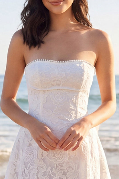 Strapless A Line Floral Short Ivory Boho Wedding Dress with Pearls