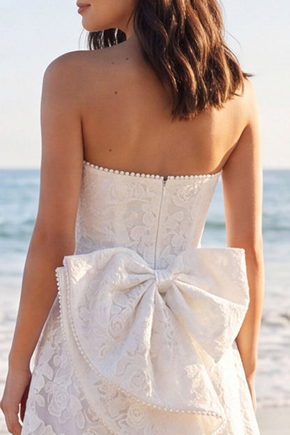 Strapless A Line Floral Short Ivory Boho Wedding Dress with Pearls