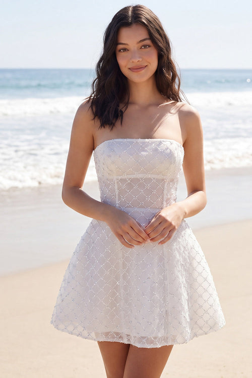 Sparkly Ivory Strapless Beaded A Line Short Wedding Dress