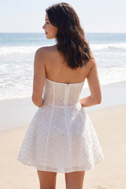 Sparkly Ivory Strapless Beaded A Line Short Wedding Dress