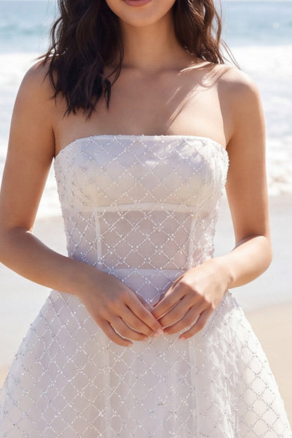 Sparkly Ivory Strapless Beaded A Line Short Wedding Dress