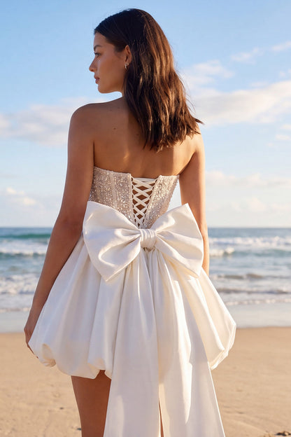 Corset Sparkly Ivory Strapless Beaded A Line Short Wedding Dress with Bow