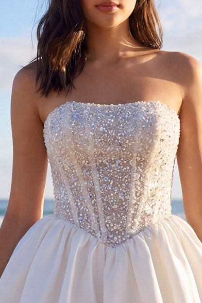 Corset Sparkly Ivory Strapless Beaded A Line Short Wedding Dress with Bow