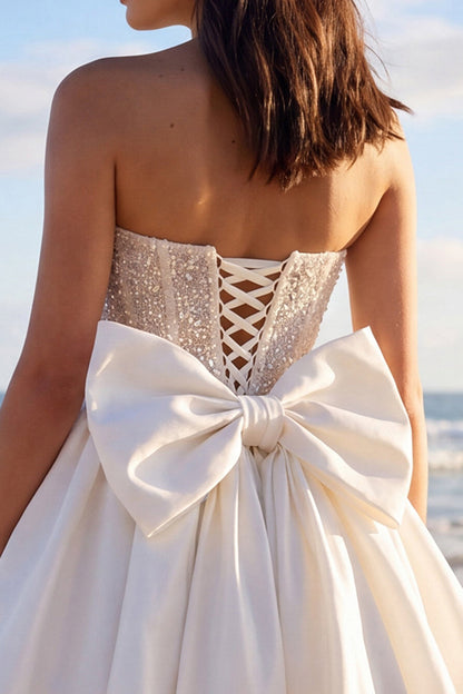 Corset Sparkly Ivory Strapless Beaded A Line Short Wedding Dress with Bow