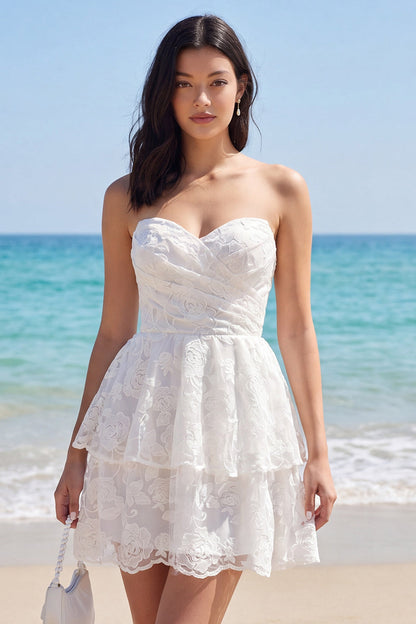 Strapless Tiered A Line Floral Lace Short Ivory Wedding Dress