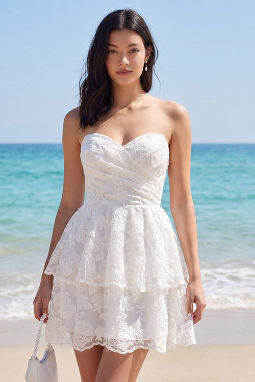 Strapless Tiered A Line Floral Lace Short Ivory Wedding Dress