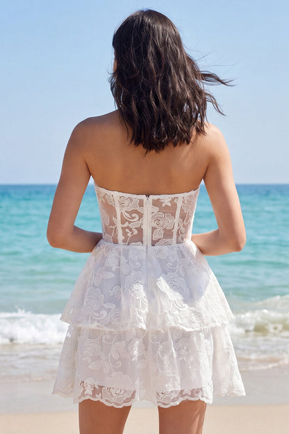Strapless Tiered A Line Floral Lace Short Ivory Wedding Dress