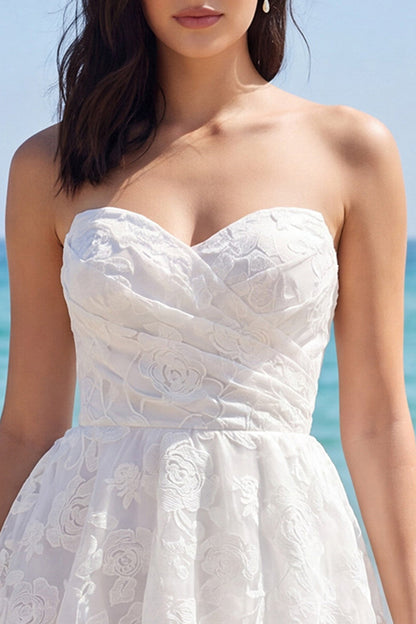 Strapless Tiered A Line Floral Lace Short Ivory Wedding Dress