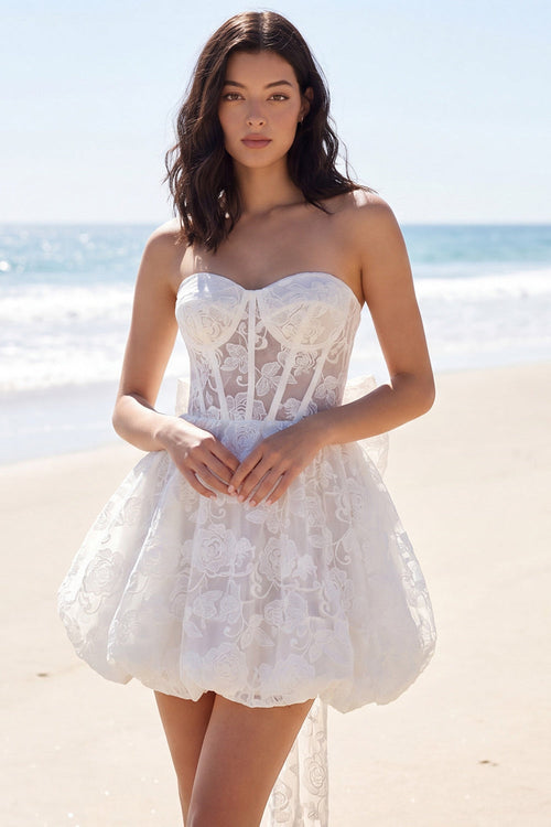 Strapless Corset A Line Floral Short Ivory Lace Wedding Dress with Bow