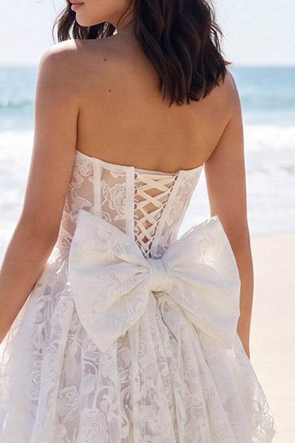 Strapless Corset A Line Floral Short Ivory Lace Wedding Dress with Bow