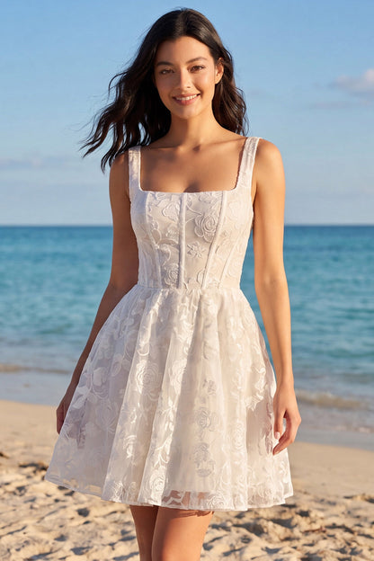 Thick Straps Corset A Line Floral Short Ivory Lace Wedding Dress