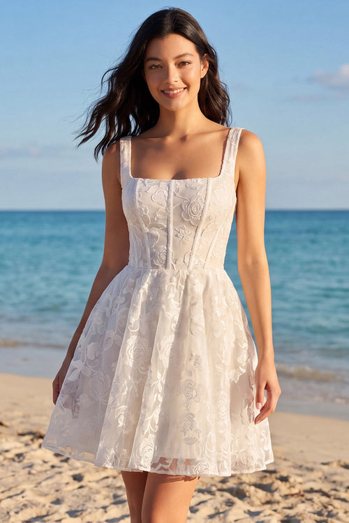 Thick Straps Corset A Line Floral Short Ivory Lace Wedding Dress