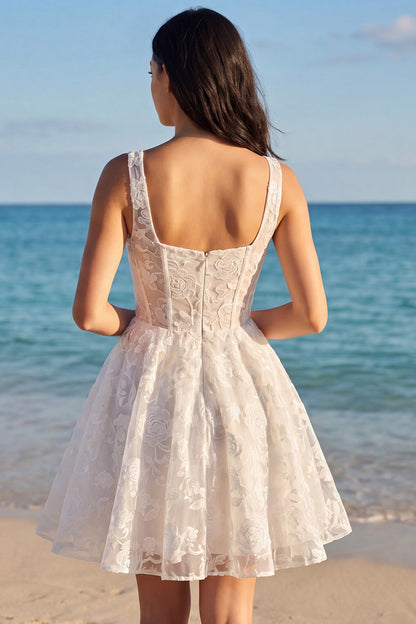 Thick Straps Corset A Line Floral Short Ivory Lace Wedding Dress