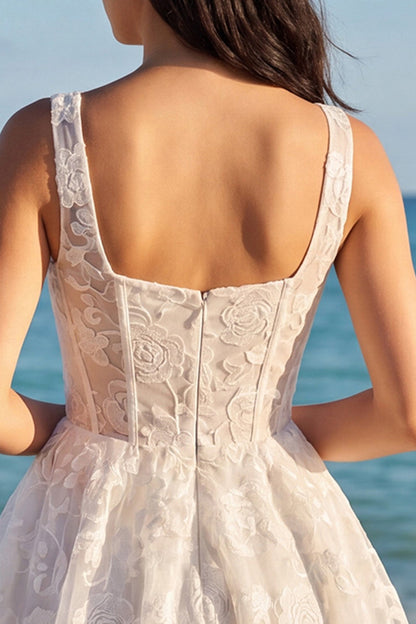 Thick Straps Corset A Line Floral Short Ivory Lace Wedding Dress