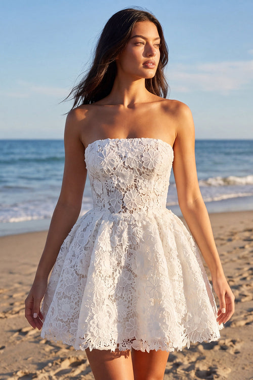 Lace Strapless A Line Floral Short Ivory Boho Wedding Dress