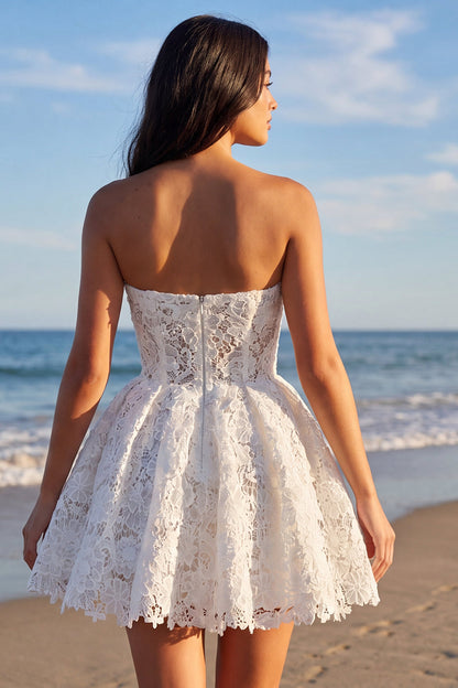 Lace Strapless A Line Floral Short Ivory Boho Wedding Dress