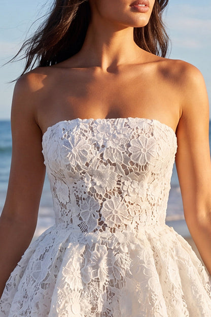 Lace Strapless A Line Floral Short Ivory Boho Wedding Dress
