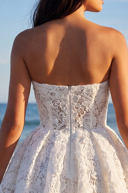 Lace Strapless A Line Floral Short Ivory Boho Wedding Dress