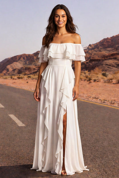 Off the Shoulder Ivory A Line Floor Length Beach Wedding Dress with Ruffles