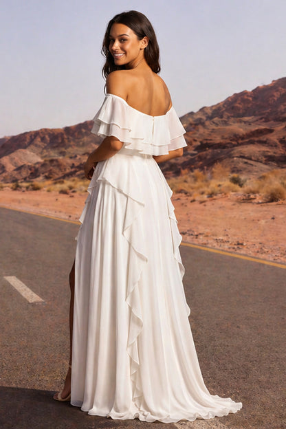Off the Shoulder Ivory A Line Floor Length Beach Wedding Dress with Ruffles