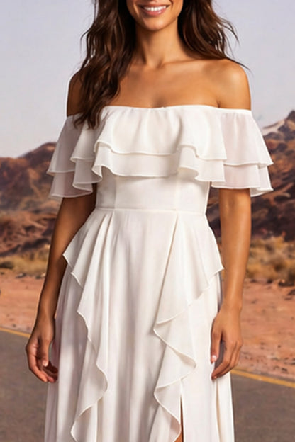 Off the Shoulder Ivory A Line Floor Length Beach Wedding Dress with Ruffles