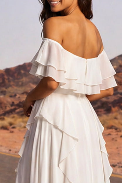 Off the Shoulder Ivory A Line Floor Length Beach Wedding Dress with Ruffles