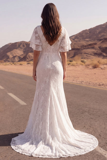 V-Neck Floral Ivory Mermaid Sweep Train Lace Boho Wedding Dress with Slit