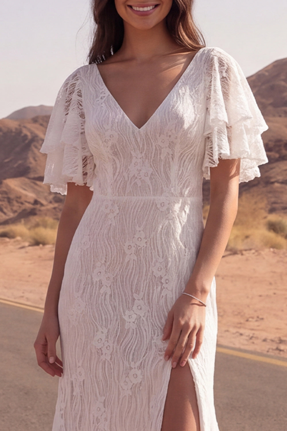 V-Neck Floral Ivory Mermaid Sweep Train Lace Boho Wedding Dress with Slit