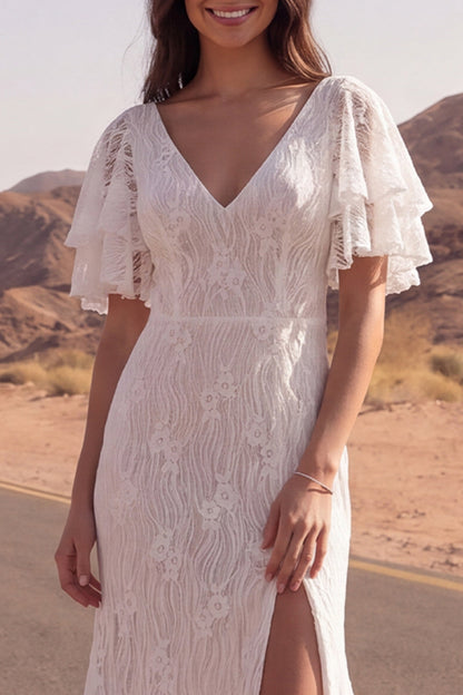 V-Neck Floral Ivory Mermaid Sweep Train Lace Boho Wedding Dress with Slit