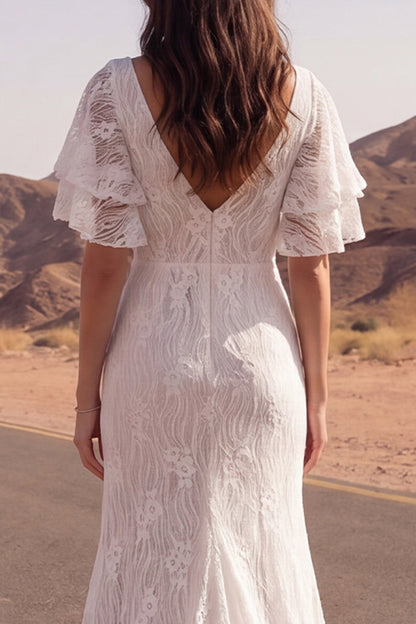 V-Neck Floral Ivory Mermaid Sweep Train Lace Boho Wedding Dress with Slit
